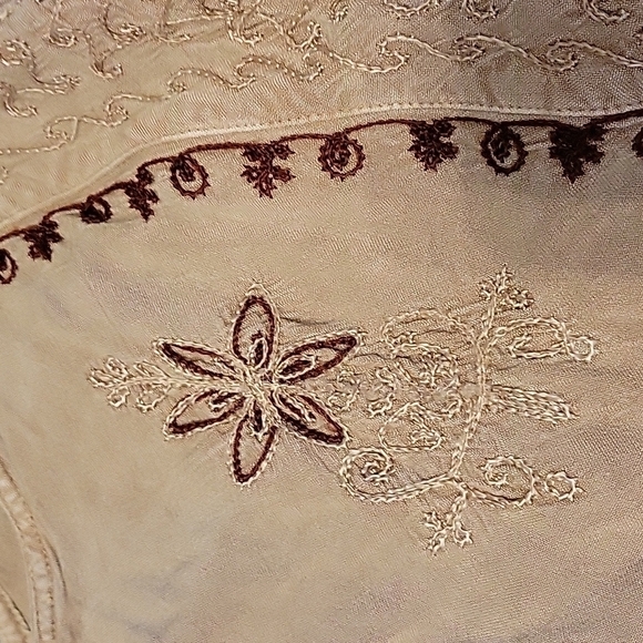 VTG MAGIC 1980s Tan Floral Embroidered Tie Back Sleeveless Circle Dress - Picture 15 of 16